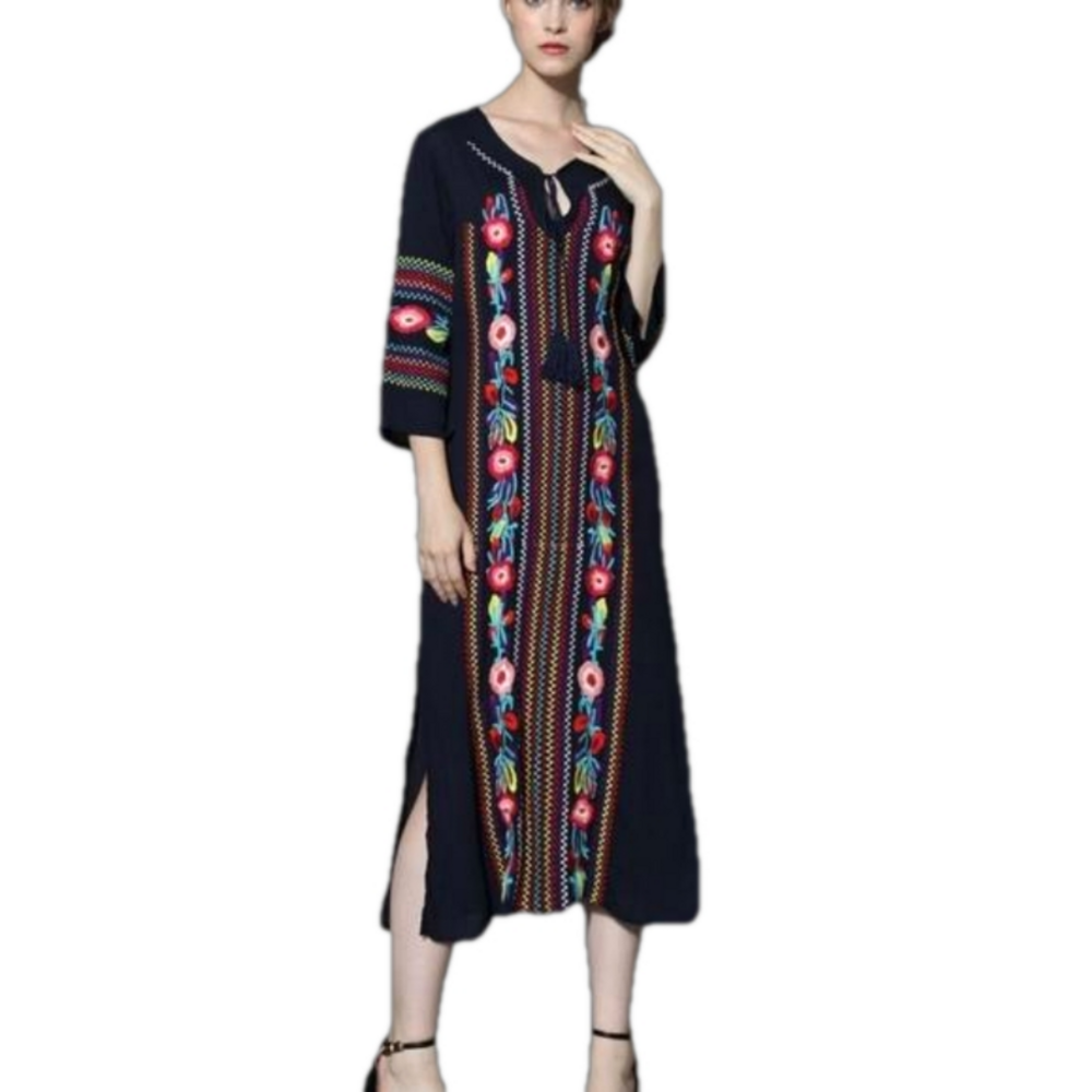 Chicwish Navy Maxi Dress with Multicolor Embroidery